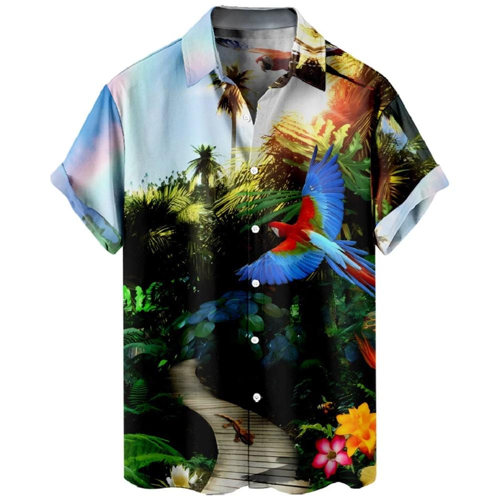 2025 New Men's Shirt 3d Fashion Casual Parrot Bird Print Hawaiian Lapel Button Shirt Short Sleeve Top Homme Harajuku Ropa Hombre
