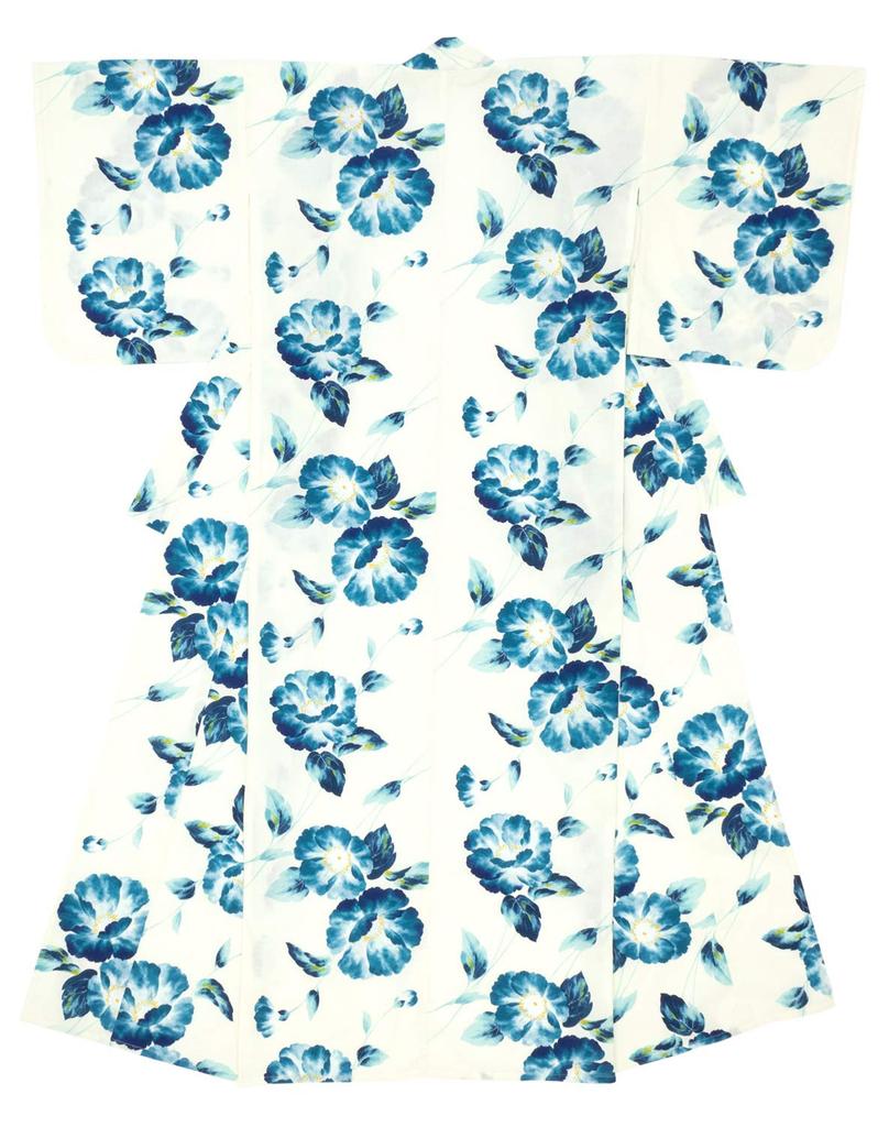 SOUBIEN Yukata Set One Size Fits Poppy Flower Women's 2-Piece (Yukata/Heko Obi), Cotton, All, White, Navy, Blue,