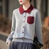 Women's Retro Versatile Cardigan: Fine Spun Wool, Soft Polo Collar, Covered Buttons, Contrasting Colors—Perfect for Spring and Autumn.