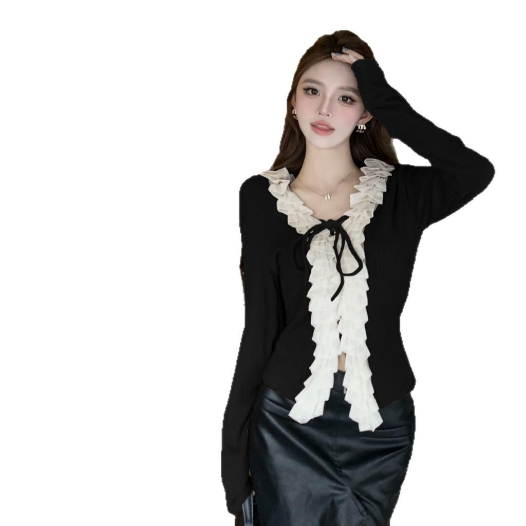 Autumn and Winter French Chic Slim-fitting Ruffle Edge V-neck Black Design Sense Niche Sweater Knitted Sweater Women