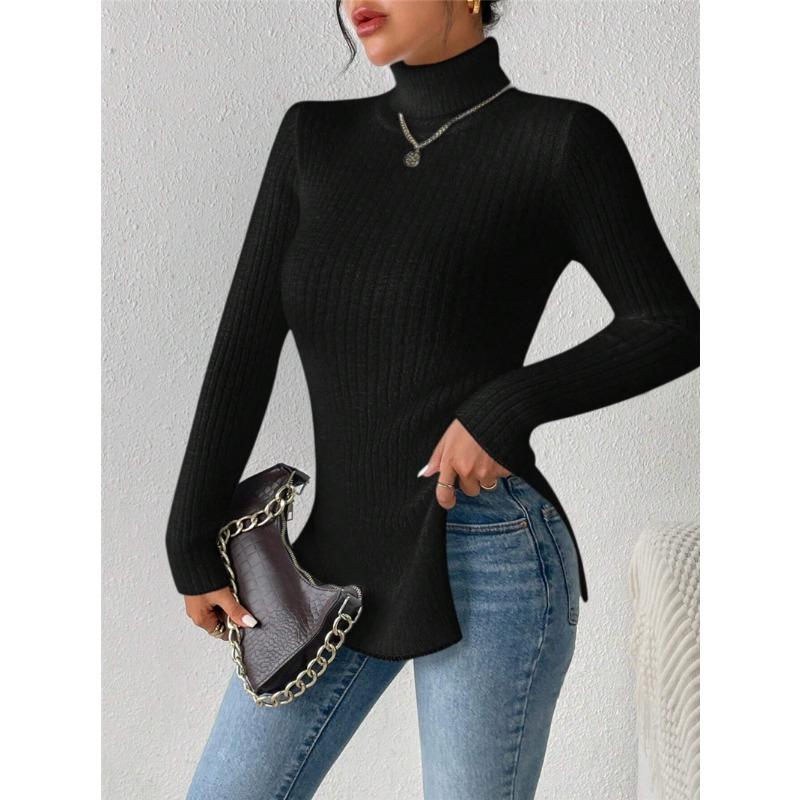 Women's Sexy Sweater Autumn Winter Turtleneck Knit Hem Slit Top Solid Color