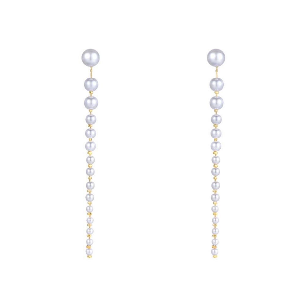 Silver Needle Pearl Long Fringed Stud Earrings French Retro Elegant Temperament Earrings Light Luxury High-end Personalized Earrings