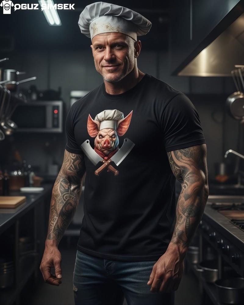 

Menacing Pig Chef Graphic - Unique Butcher Design Unisex T-Shirt S