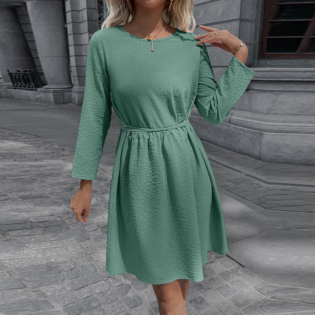 Fashion Women's Color Round Neck Waist Tie Long Sleeve Dress Winter