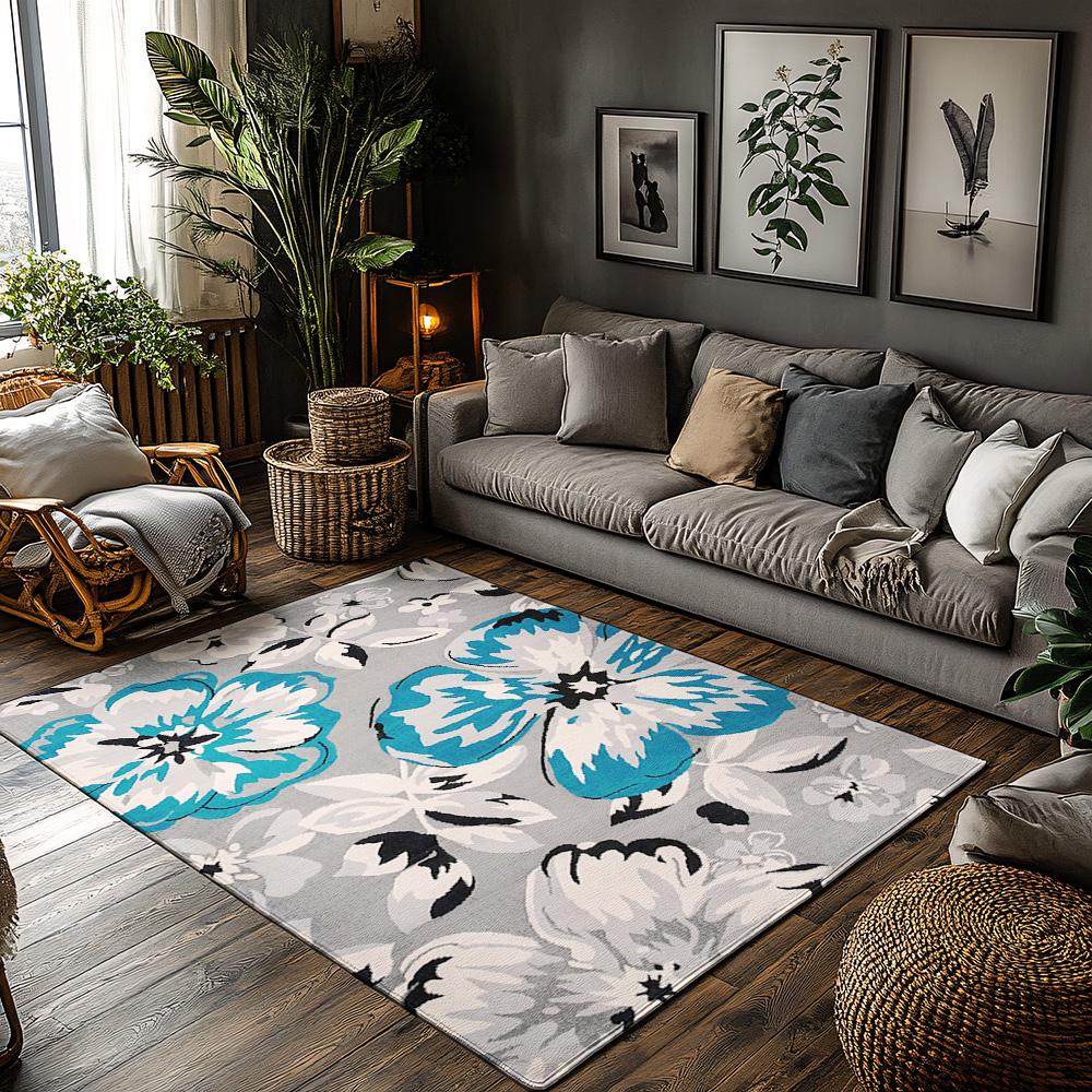 

Gray Floral Bohemian Rug, Blue White Black Pattern Non-Slip Carpet, Modern Living Room Mat for Artistic Home Decor 50x80cm20x31in