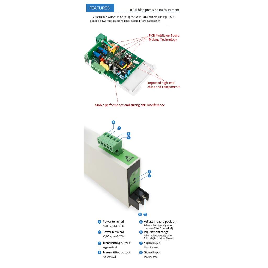 Zero and Span Adjustment 0-500VAC Voltage Transmitter Transducer with 0-10v 4-20ma 0-5v Output AC Voltage Sensor
