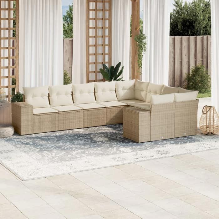 VidaXL Salon de Jardin avec Coussins 9 pcs, Canapés de Terrasse, Ensemble de Meubles de Patio, Mobilier d'Extérieur, Beige 3255375