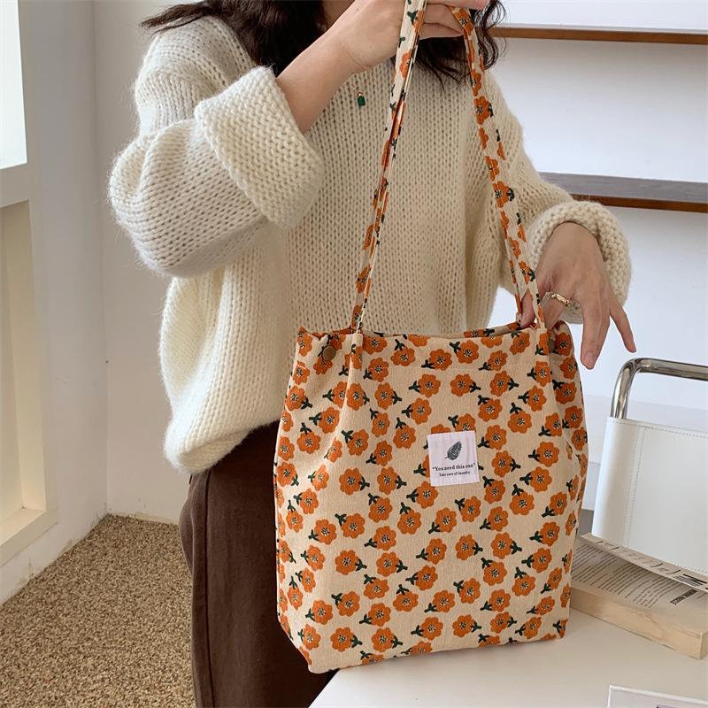 Retro Corduroy Women's Shoulder Bag Large Capacity Student Girls Casual Tote Book Handbags Flower Leopard Female Shopping Bags