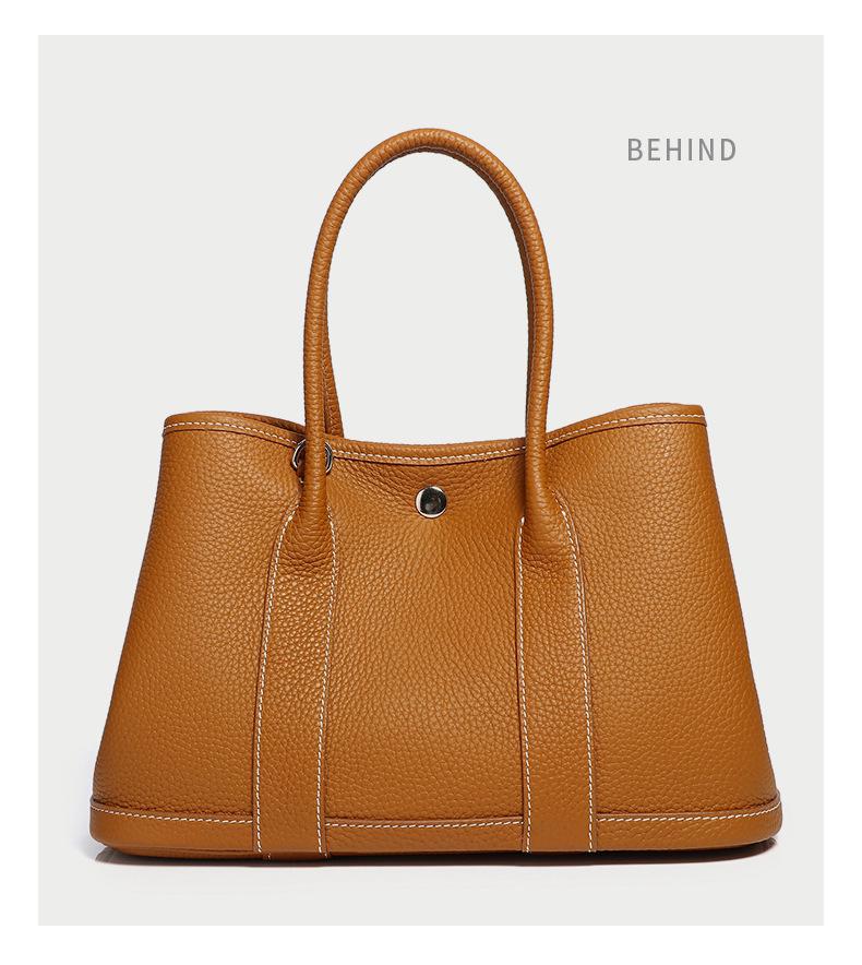 2025 Cowhide Lychee Pattern Garden Bag: Women's Color Block Wide Shoulder Strap Handbag