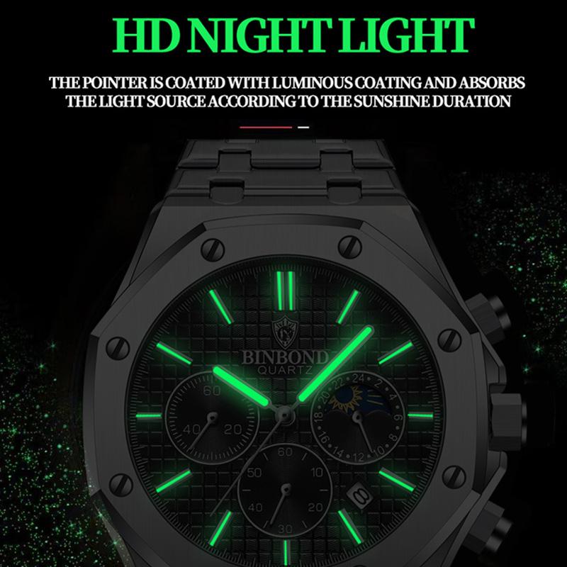 Business Man Quartz Watch Luxury Chronograph  Calendar The Moon Clock Stainless Steel Waterproof Men's Wrist Watch B0161