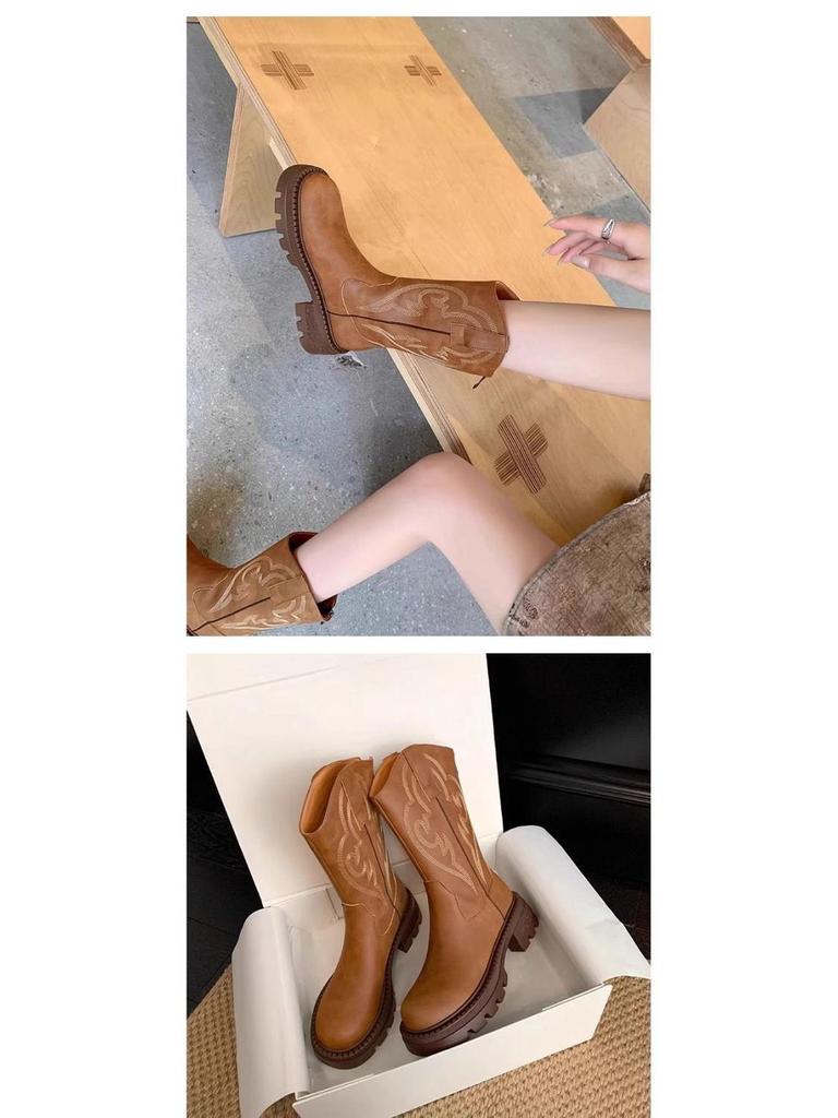 Retro Soft Leather Thick Sole Western Cowboy Mid-Calf Boots for Women, Autumn/Winter Martin Style