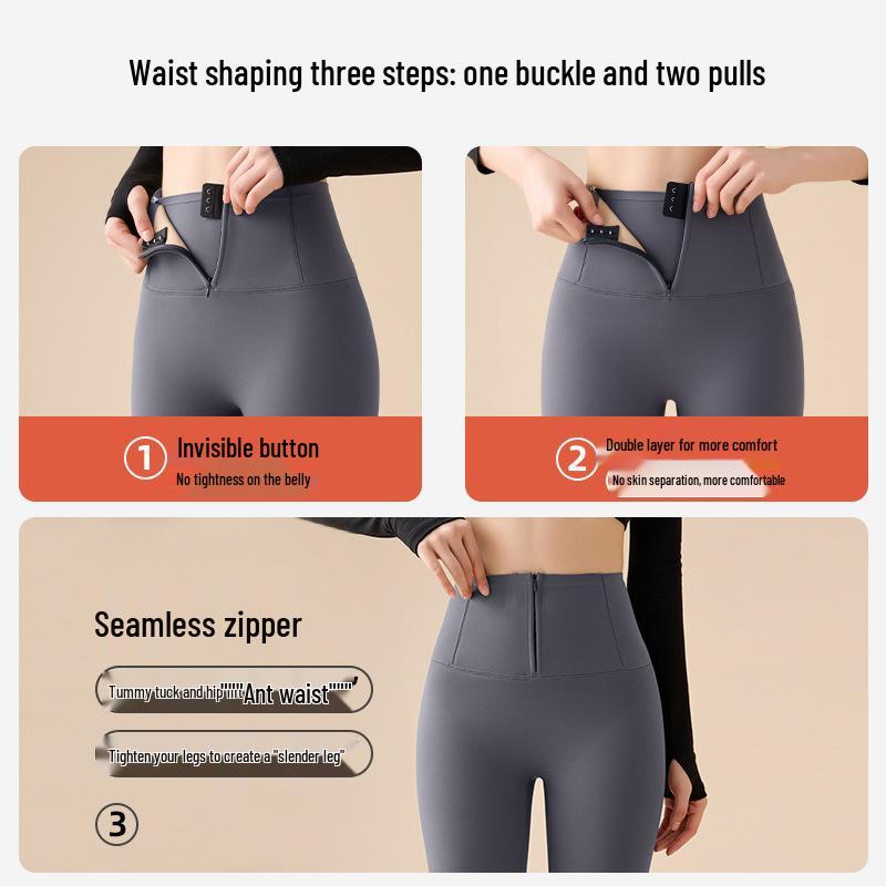 Korean Style Women's Tummy Control Velvet-Lined Yoga Pants - Autumn/Winter Hip-Lifting Base Layer with Button Closure