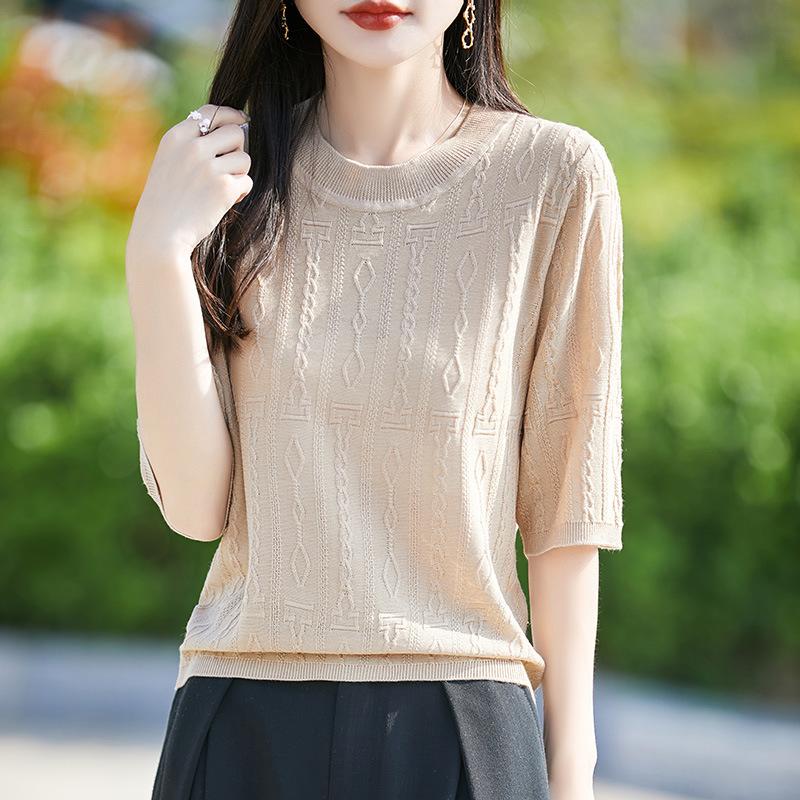 Worsted Wool Five-Quarter-Sleeved Knitted Sweater Women'S Summer New Embossed Jacquard Half-Sleeved Bottomed Shirt Thin T-Shirt Top