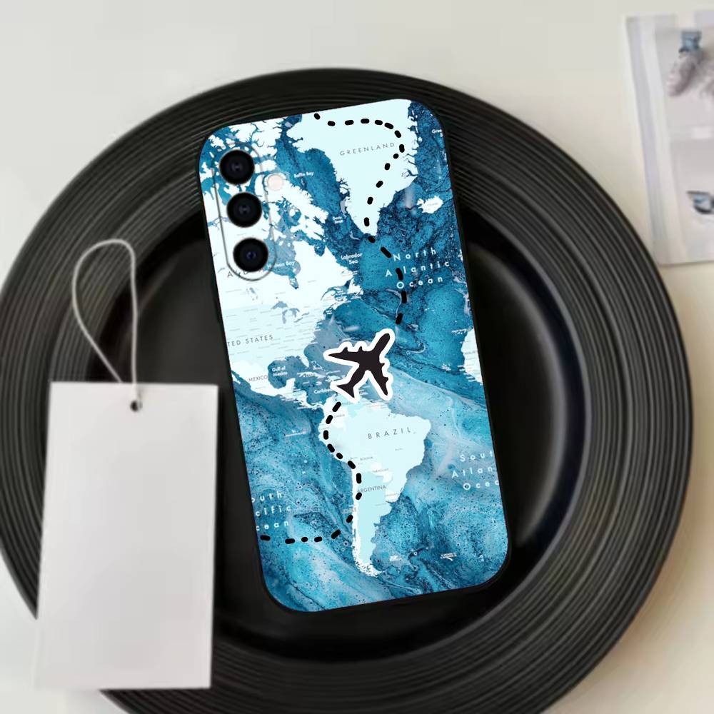 Travel Airplane Route Phone Case Black Silicone Soft For Samsung Galaxy A73,A72,A71,A70,A53,A52,A51