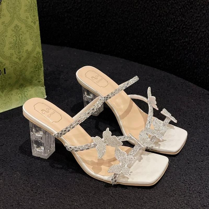 Fashion Shoes Woman's Slippers Slides Square heel Butterfly-Knot Jelly Flip Flops 2024 Block Glitter Crystal Shoes Woman's Slippers Squa