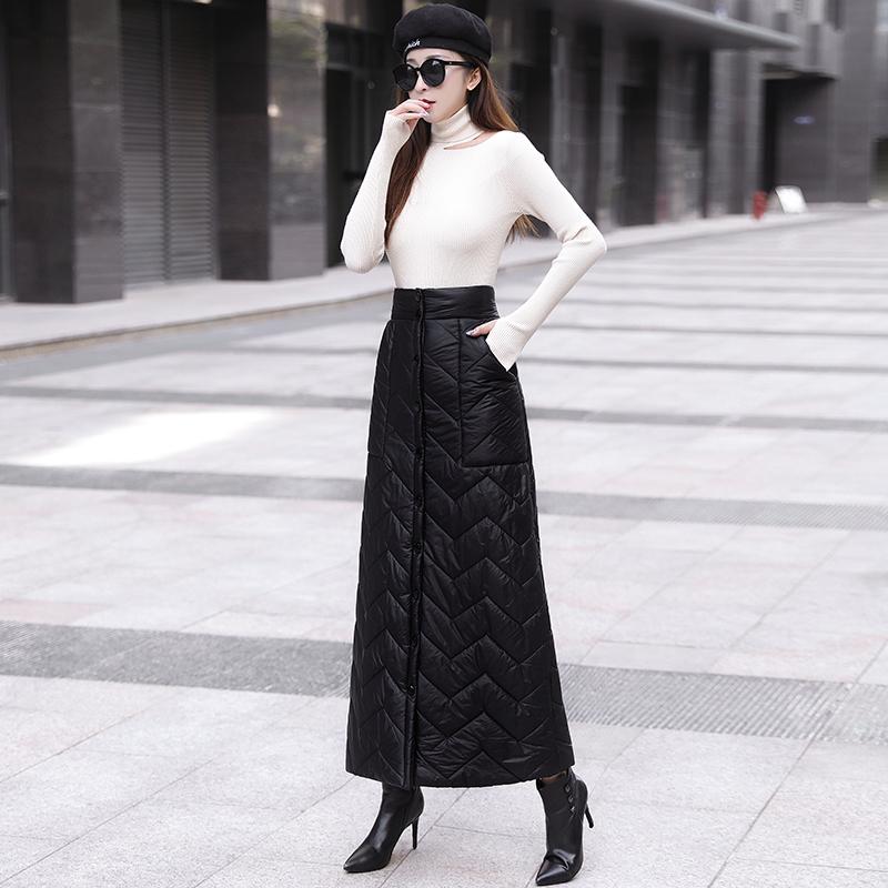 Daunen Plus Schwarz Gesteppt Baumwolle Größe Hohe Taille Vintage Frühling Herbst Winter Lässig Locker Lang Für Frau Röcke Damenrock