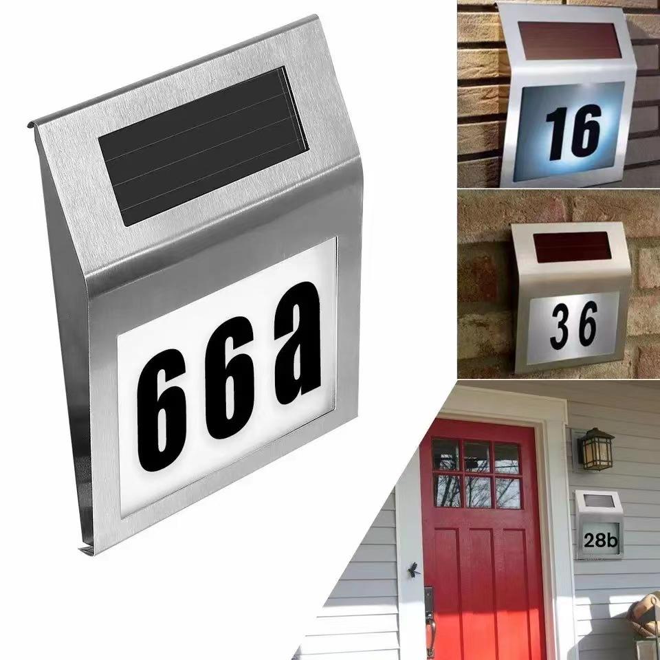Custom Modern House Number LED Sign Light Solar Wall Light with Warm White Light Stainless Steel for Garden and Outdoors