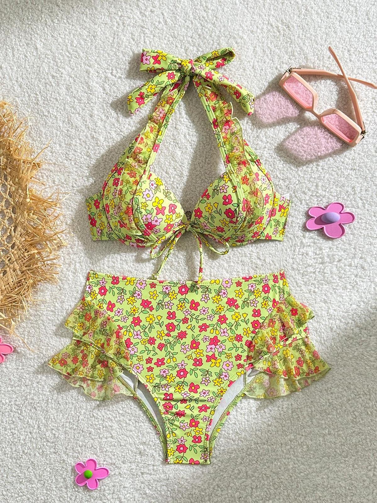 European and American fresh print high-waisted lace swimsuit bikini S жёлтый