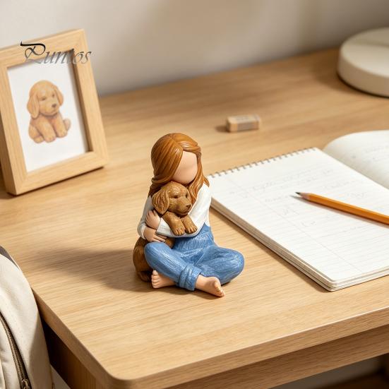 Handcrafted Resin Statues Faceless Girl Hugging Puppy Figurine, Miniature Statue, Cute Desktop Sculpture Ornament Affectionate Home Decor Pieces