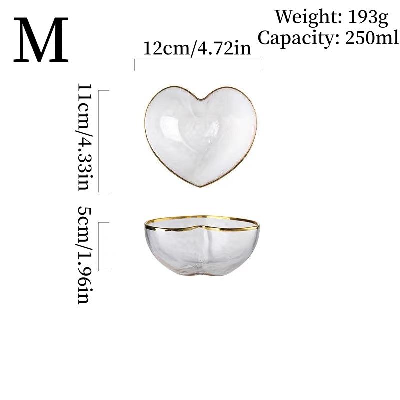 Creative Golden-Bordered Glass Salad Bowl, Ice Cream Dessert Plate, Fruit Plate, Heart-Shaped Bowl, Home Kitchen Tableware