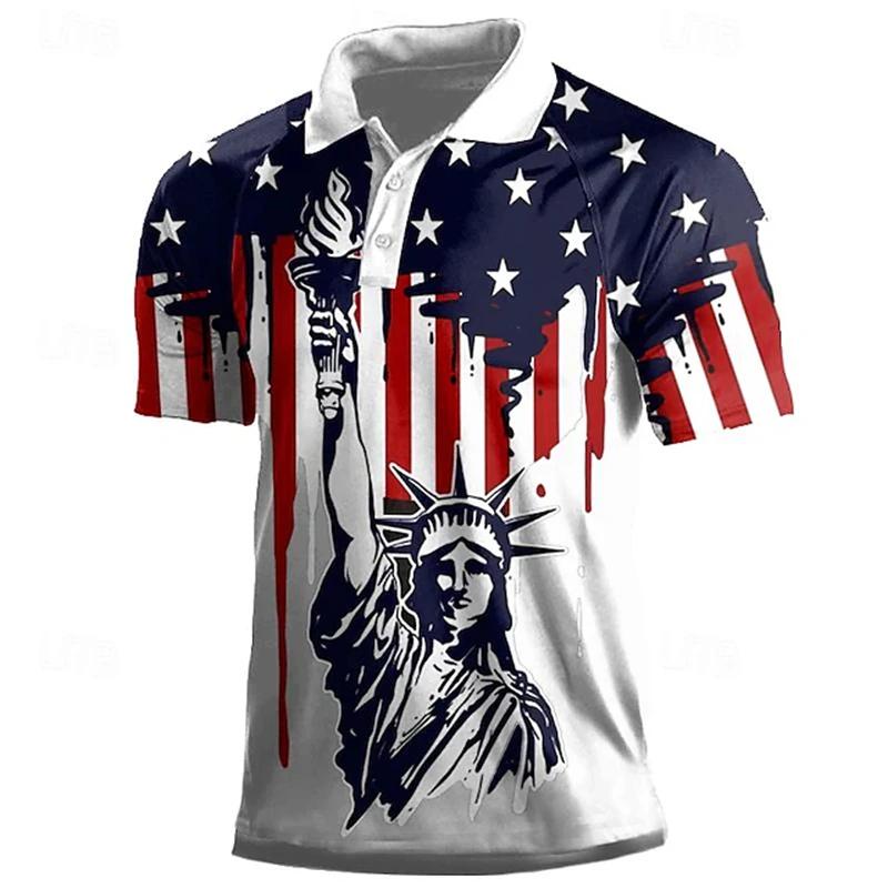 Patriotic American Flag Print Polo Shirt, Casual Short Sleeve Top