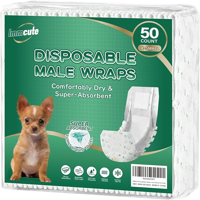 IMMCUTE Dog Diapers Male Small 50 Ct, Male Dog Diapers Disposable with Wetness Indicator, Adjustable Puppy Diapers Male, Flashdry Gel Technology, X-Small-50 Count