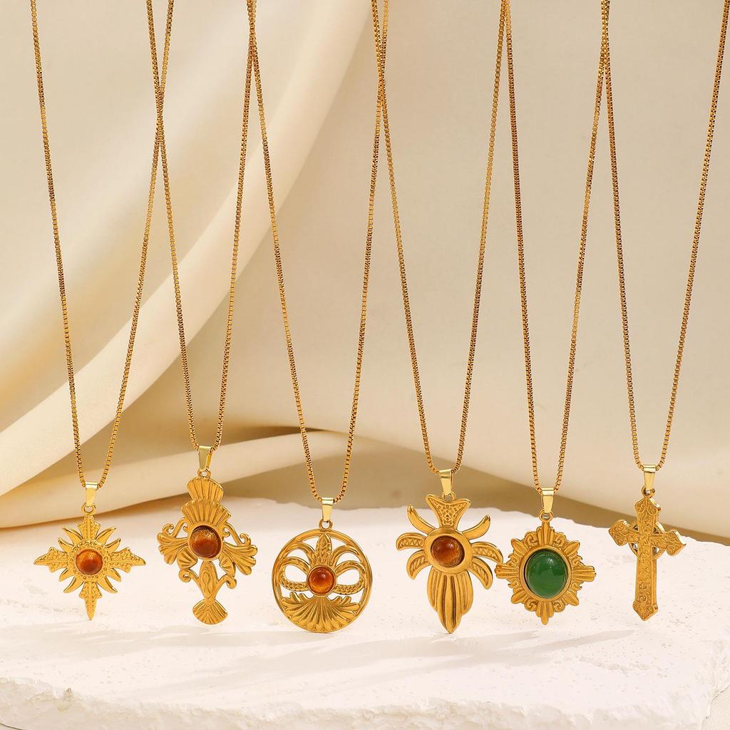 Fashion Geometry Stainless Steel Imitation Tiger Eye Stone Necklace Pendant Sweater Chain