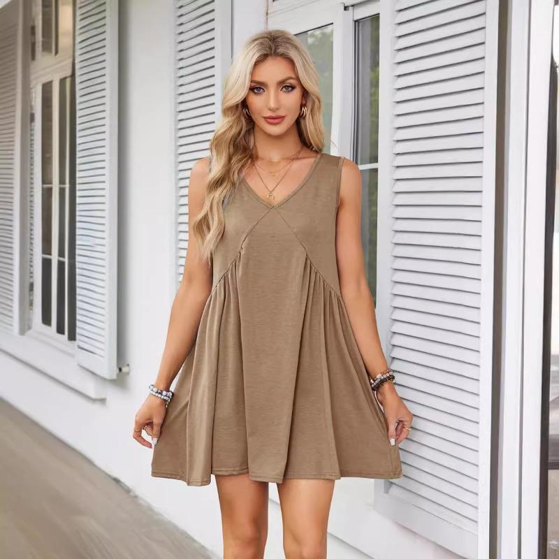 Fashion V-neck Sleeveless Summer Dress Women Loose Pleated Casual Party Short Dress Office Lady Solid Vintage Elegant Sexy Dresses 1043