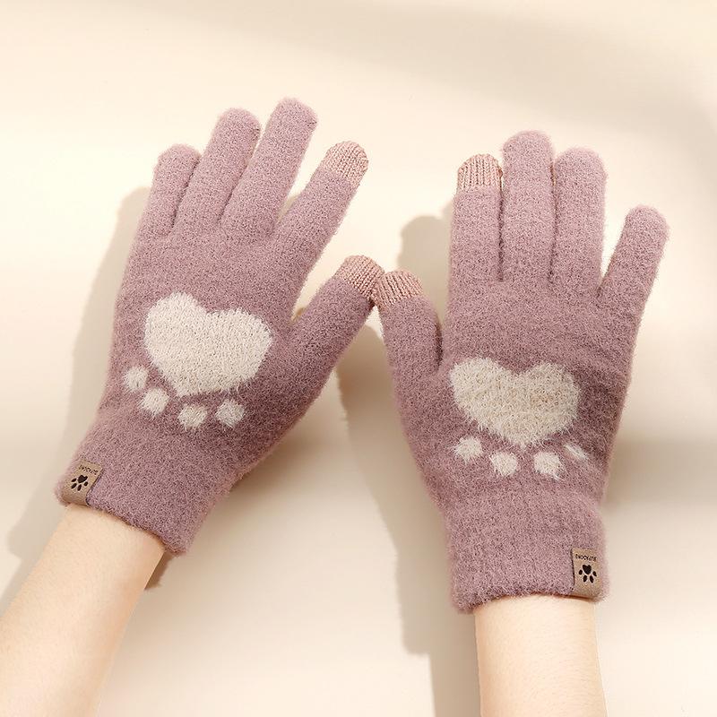 Touch Screen Gloves Cat Claws Cold Resistant and Warm Gloves Ladies' Autumn and Winter Thick Woolen Knitted Gloves