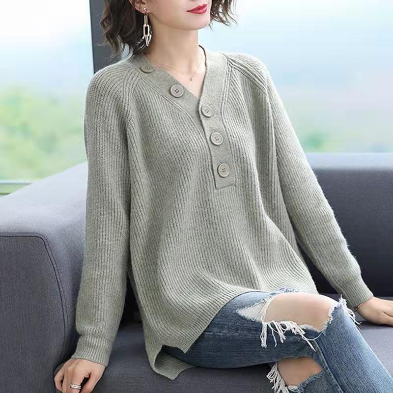 Women's V-neck Pullover Sweater Autumn New Style Loose and Thick Single Breasted Knitted Sweater