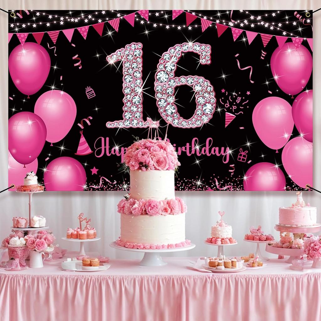 Sweet 16 Birthday Banner Hot Pink, Happy 16th Birthday Decorations for Girls, Sweet Sixteen Party Decorations, 16 Year Old Birthday Photo Props Yard