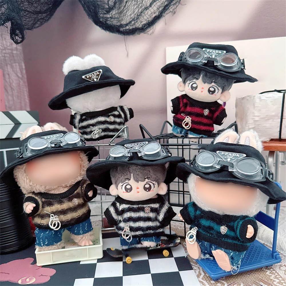 Niannyyhouse 10cm-15cm Plush Doll Clothes, Hat, Sweater, Jeans, Goggles, 17cm Doll Clothes, Dress-Up (Black)