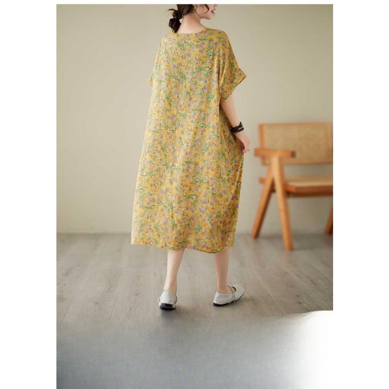 Summer New Yellow Floral Loose Thin Mid-length Temperament Dress Women