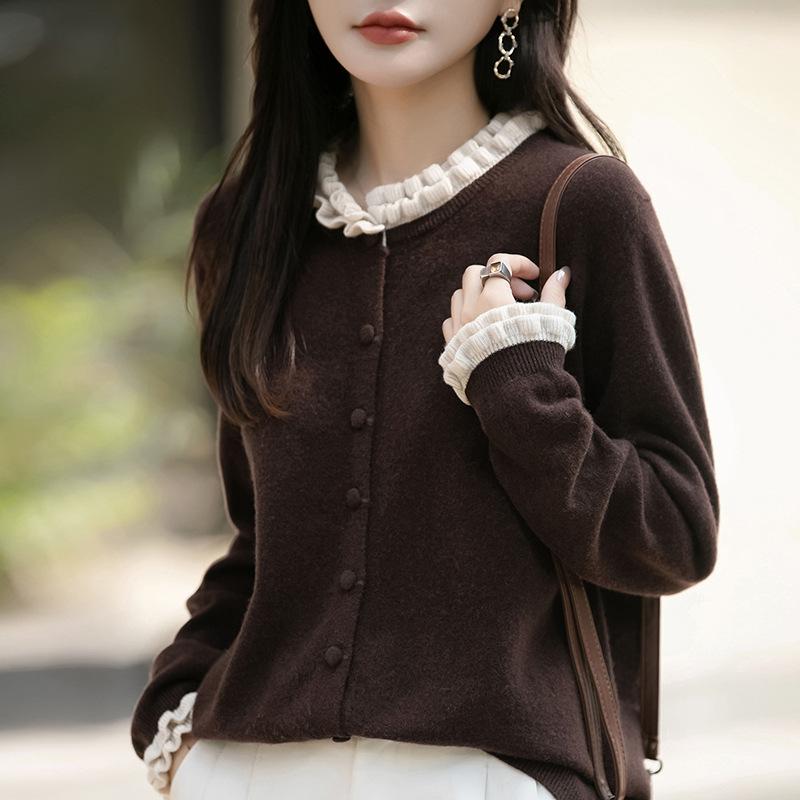 Women's Long Sleeve Knit Cardigan Ruffle Collar Sweet Knit Sweater Color Block Single Breasted Top
