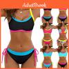 Contrasting Fluorescent Bikini Womens Splicing Drawstring Swimsuit Womens Vacation Beach Twopiece Set