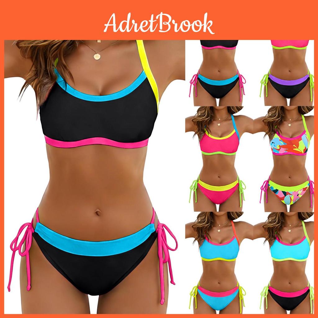 Contrasting Fluorescent Bikini Womens Splicing Drawstring Swimsuit Womens Vacation Beach Twopiece Set