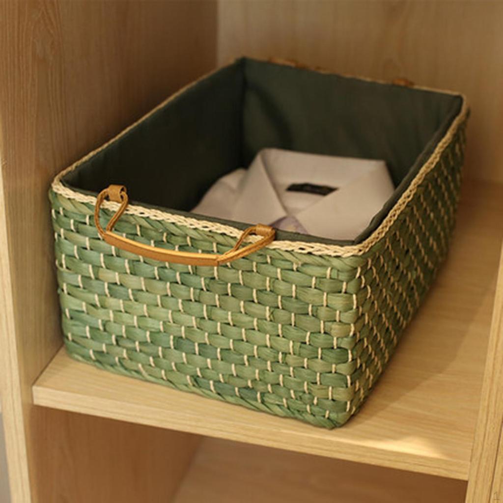 Corn Husk Weaving Basket Closet Organiser with PU Leather Handles Countertop Organizer for Kitchen