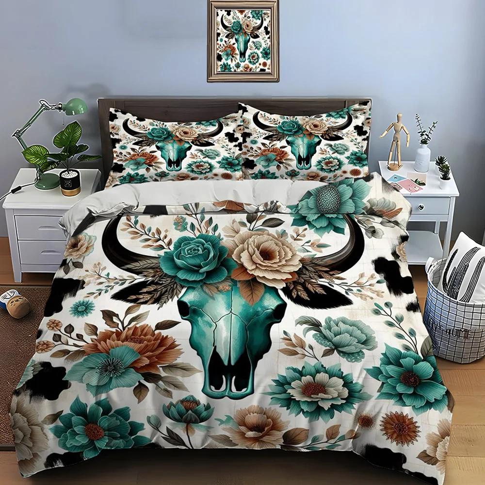 Native American Cattle Skull Art Print Bedding Set Duvet Cover 1 Duvet Cover 2 Pillowcases Adult and Kids Bedding Set Luxury