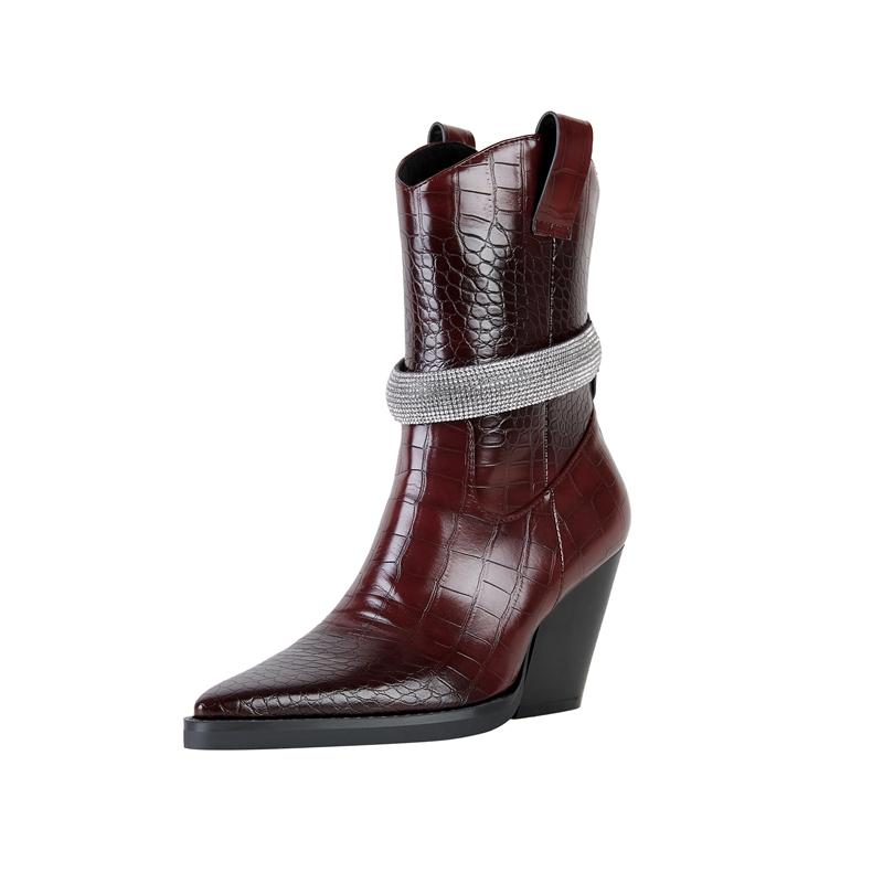 Fashion Kaky's New Pointed Stone Water Diamond Thick High Heel Large Women's Boots Short Boots Western Boots