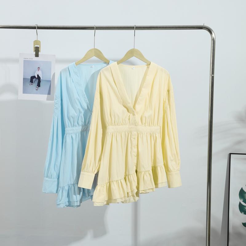 Casual Shirt Mini Dress Women Loose V-neck Buttons Dresses Lady Full Sleeve Spring Summer Above Knee Solid Robe Woman Streetwear