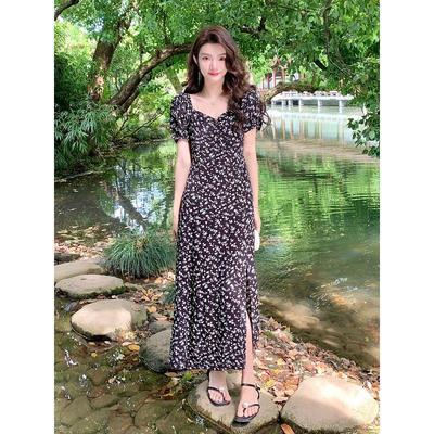 Women's French Floral High-End Spring/Summer Slit Long Tea Dress