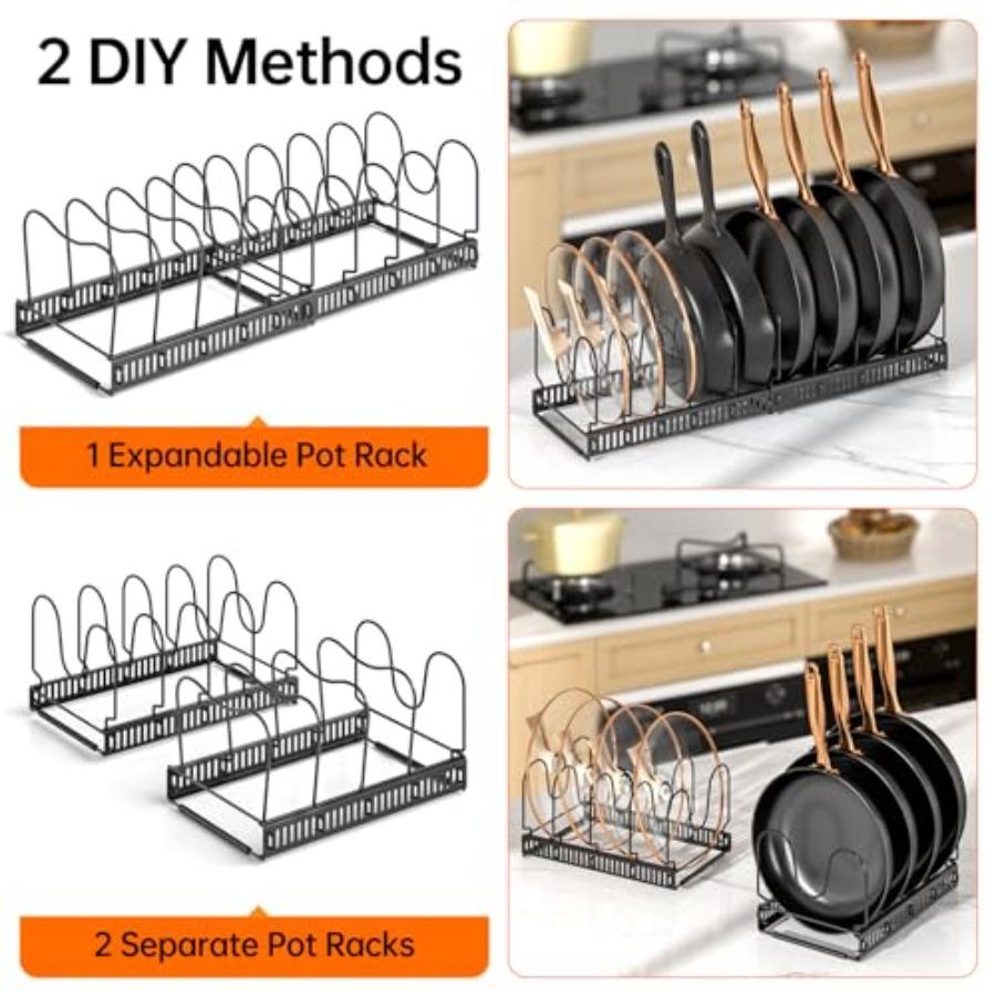 Pots and Pans Organizer Rack for under Cabinet Expandable 11.81''-22.85'' Pot Lid Kitchen Cabinet Organizer Holder with 10 Adju