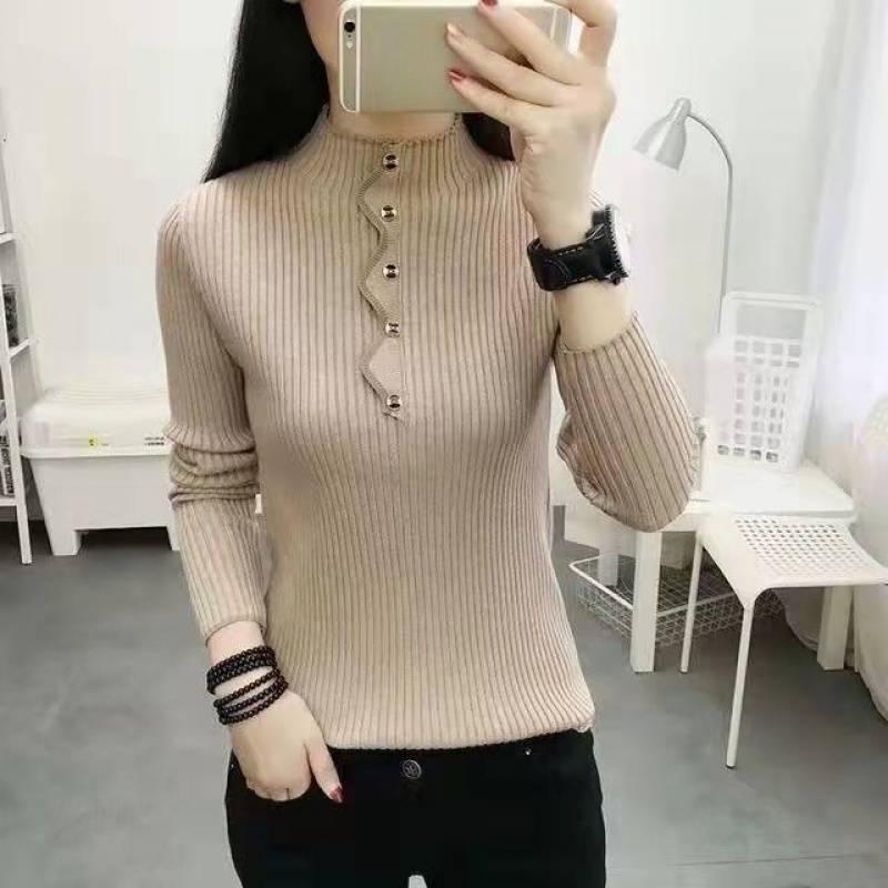 

Autumn and Winter New Sweater Half High Neck Knitted Bottom Shirt for Women Solid Color Sweater S хакі