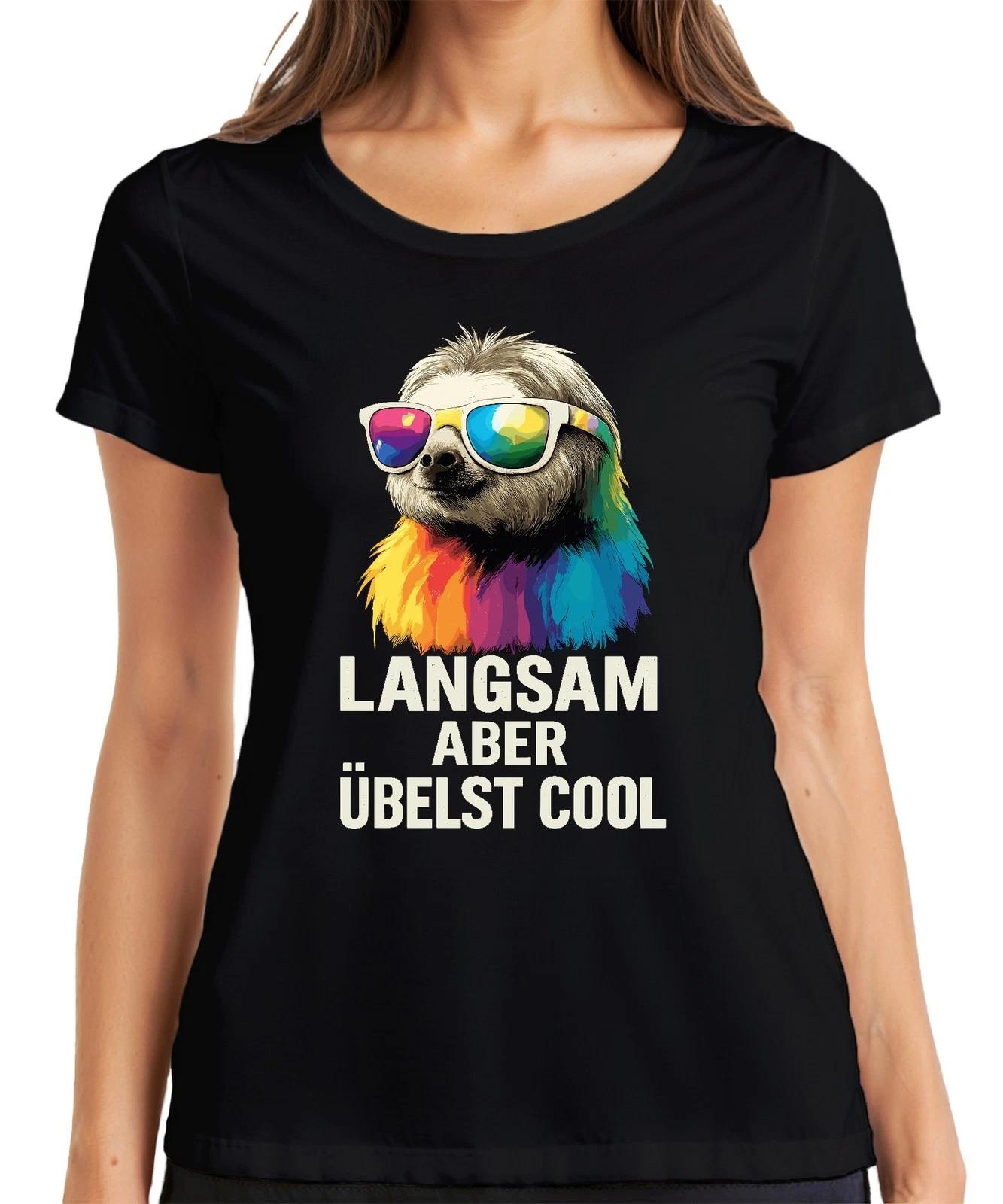 Langsam aber übelst cool Faultier Sonnenbrille Regenbogen Retro Damen T-Shirt L