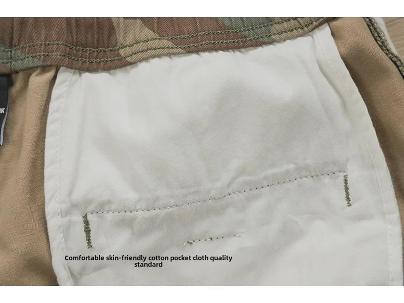 Shawn Yue Men's Loose Straight Camo Cotton Shorts - Elastic Waist, Casual Retro Design.