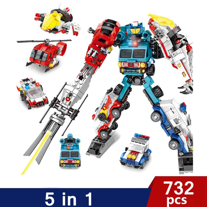 Transformation 6 In 1 City Police Dinosaur Mecha Deformation City Guard Robot Enlighten Block Set Kids Educational Building