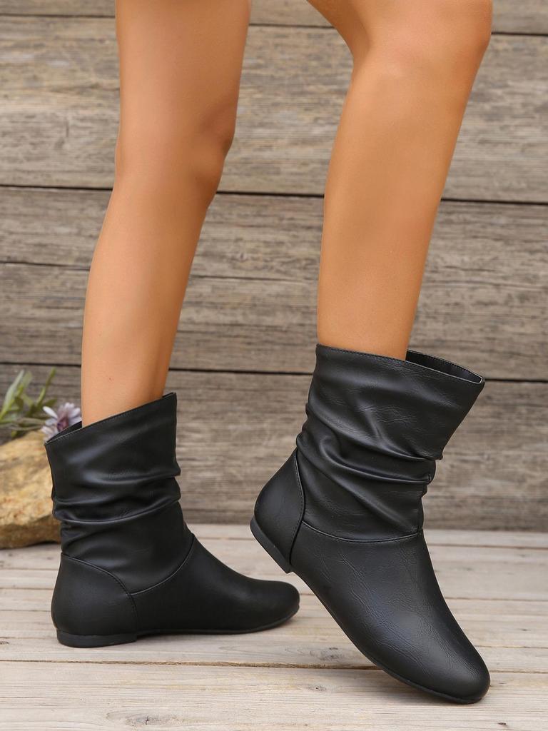 Women's Plus Size Flat Heel Ankle Boots with Ruched Design