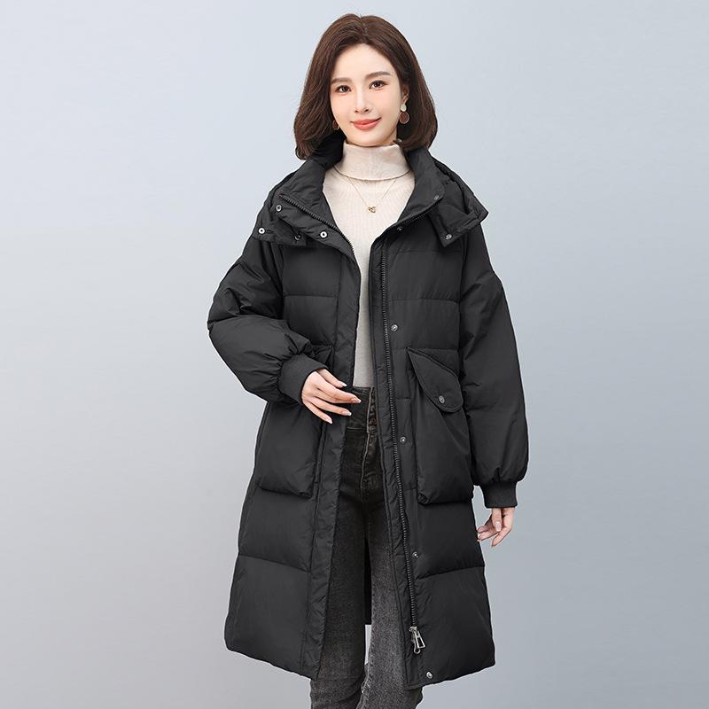 Women's Mid-Length Hooded Down Jacket, 2024 Plus Size Fashion, Warm Winter Coat, White Duck Down