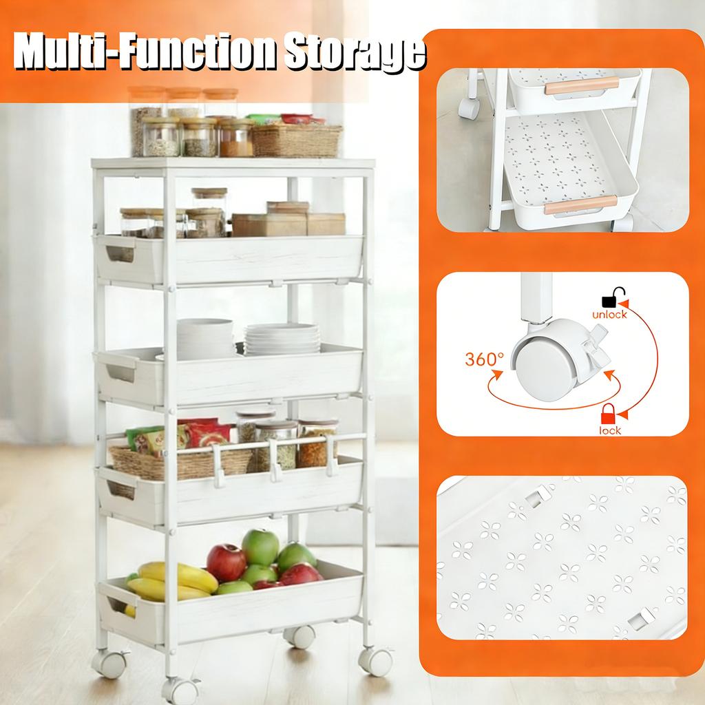 4-Tier Slim Storage Rolling Cart with Pull-Out Baskets and Wheels Metal Organization Trolley for Home Kitchen Bathroom Laundry