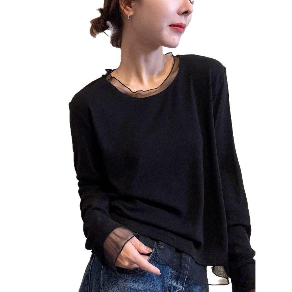 Plus Size Velvet Korean Style Long Sleeve Slimming Top for Women - Autumn/Winter Loose Mesh Patchwork Warm Top